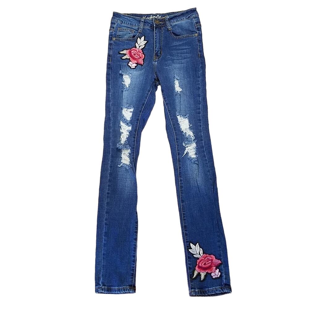 Machine Rose High Rise Distress Embroidered Skinny Stretch Jeans Size 26